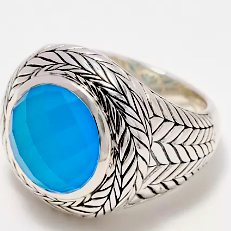 Jai Sterling Silver Blue Chalcedony Basketweave Doublet Gemstone Ring, Size 5